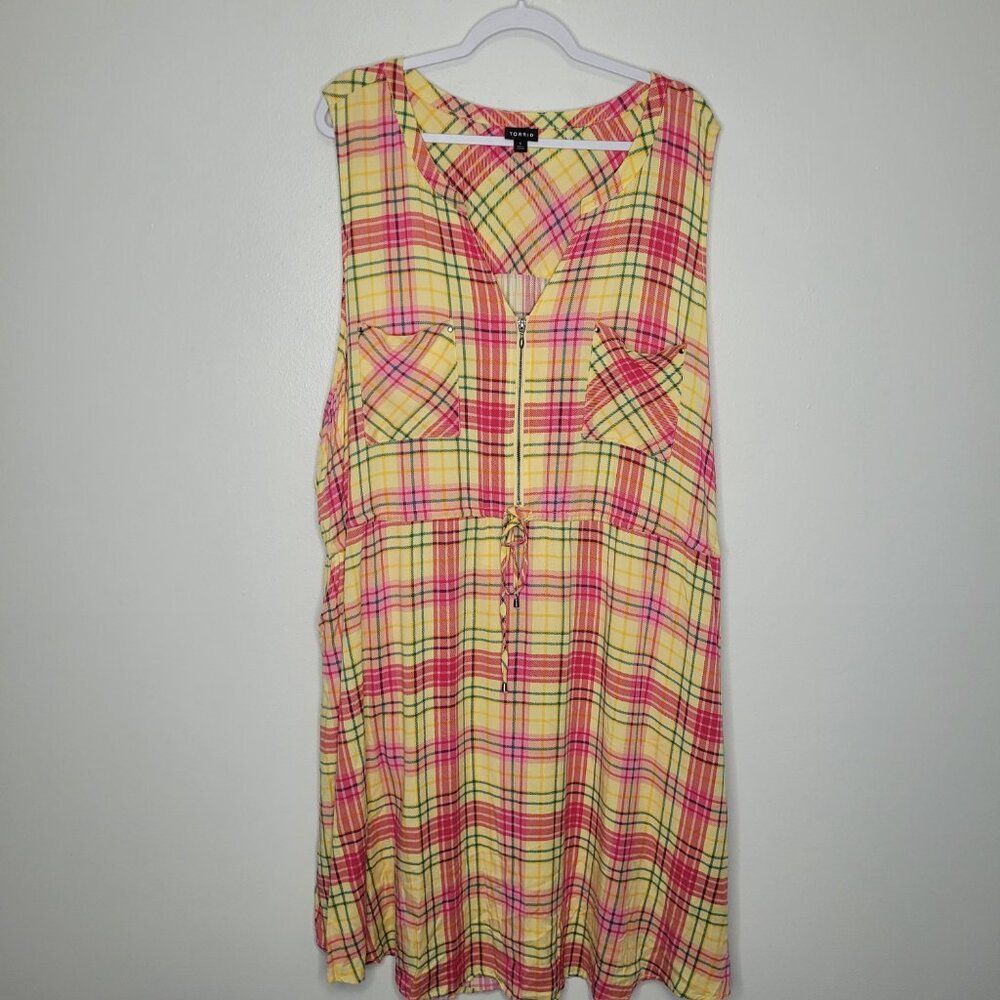Torrid Yellow Multi Plaid Stretch Challis Sleeveless Shirt Dress plus size 6x - Picture 3 of 9